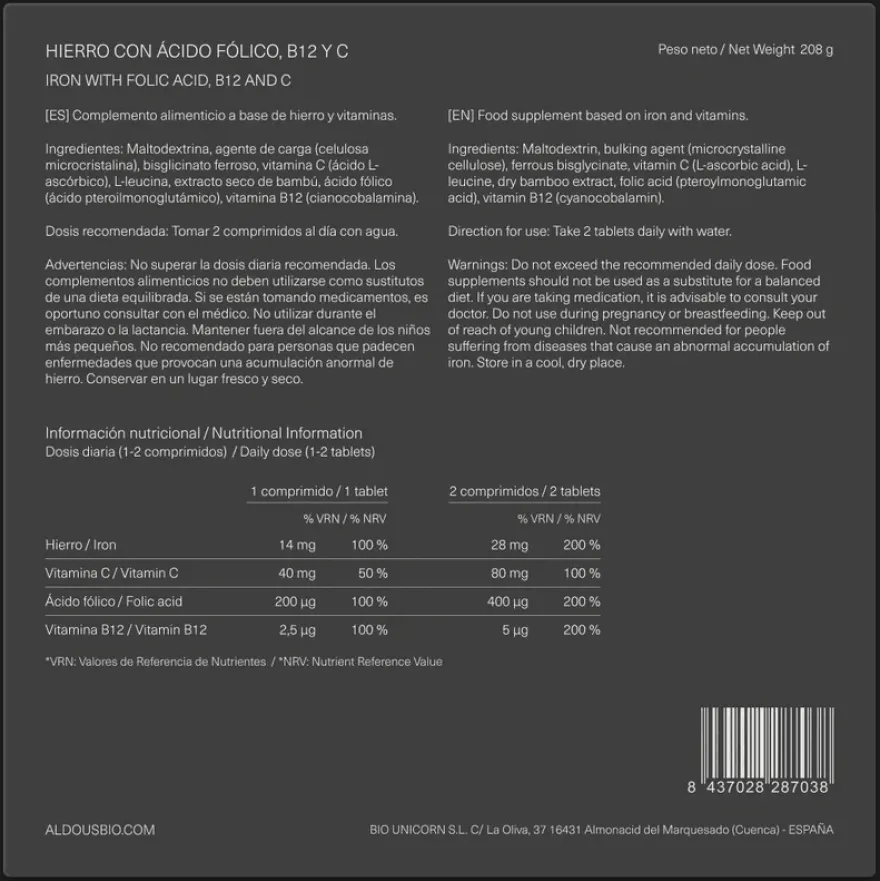 Aldous Bio Hierro 28 mg + Vitamina C, B12 y Ácido Fólico 400 Comprimidos