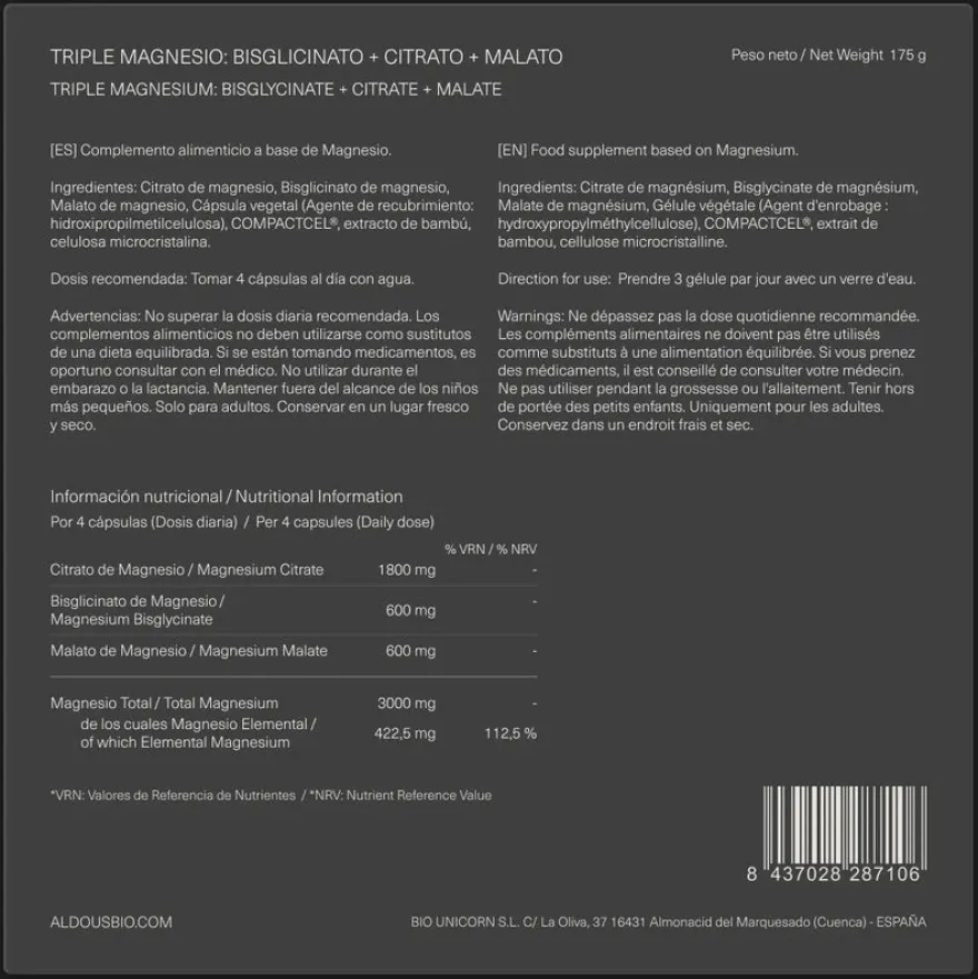 Aldous Bio Triple Magnesio Complex 3000 mg 200 Cápsulas
