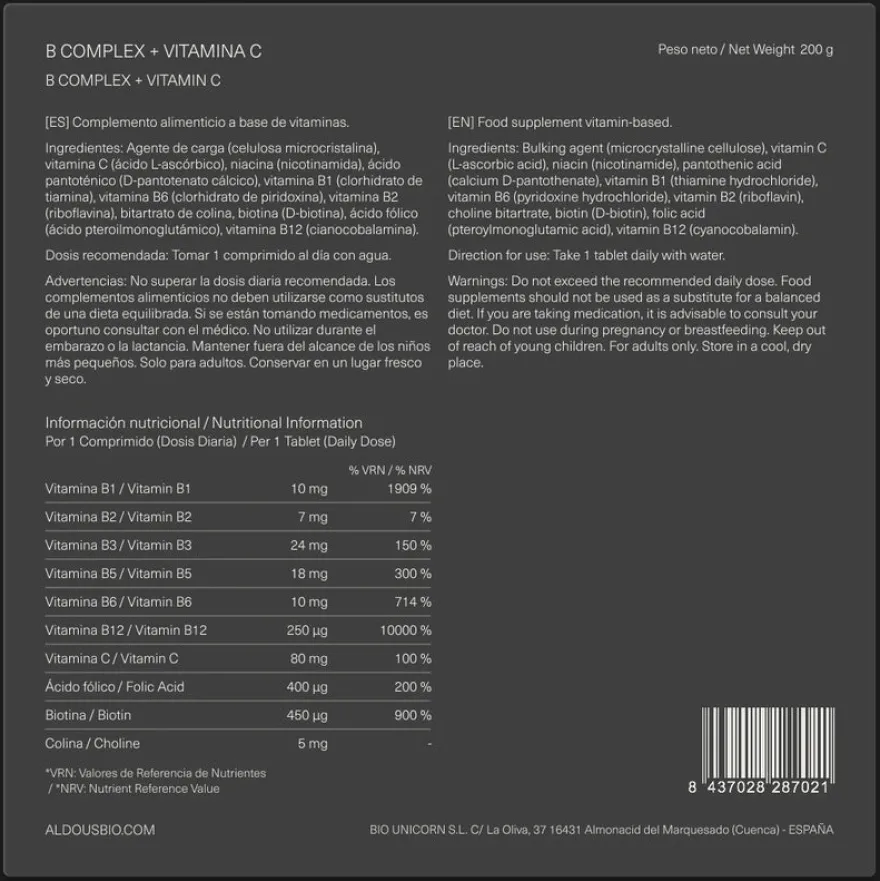 Aldous Bio Vitamina B Complex + Vitamina C 400 Comprimidos
