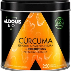 Aldous Cúrcuma Ecológica con Probióticos, Jengibre y Pimienta Negra 250 Cápsulas
