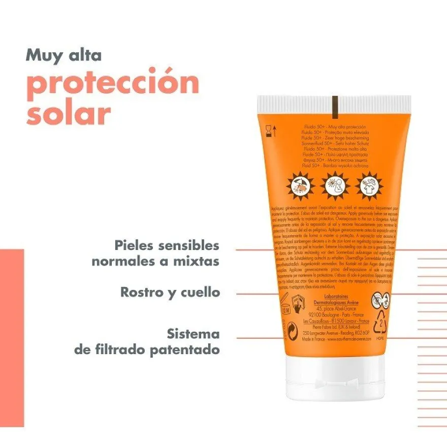 AVÈNE Protector Solar Fluido Piel Sensible Normal a Mixta SPF50+ DUPLO 2x50ml