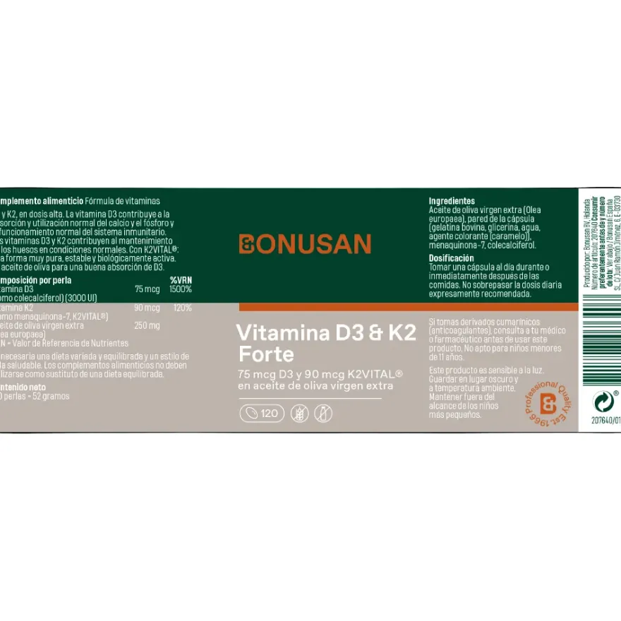 Bonusan Vitamina D3 & K2 Forte Suplemento 120 Perlas