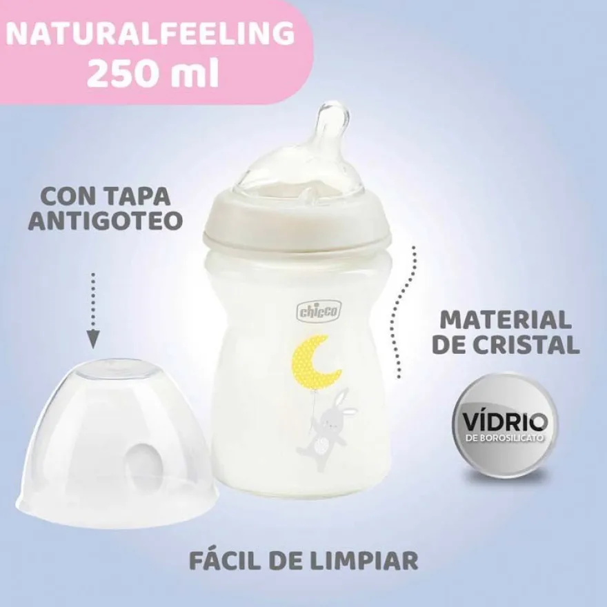 CHICCO Biberón Natural Feeling de Vidrio Flujo normal 250ML 0m+