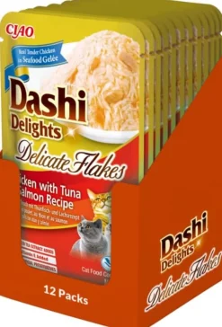 Churu Dashi Delight Flakes Alimento Húmedo para Gatos Pollo con Atún y Salmón 480g