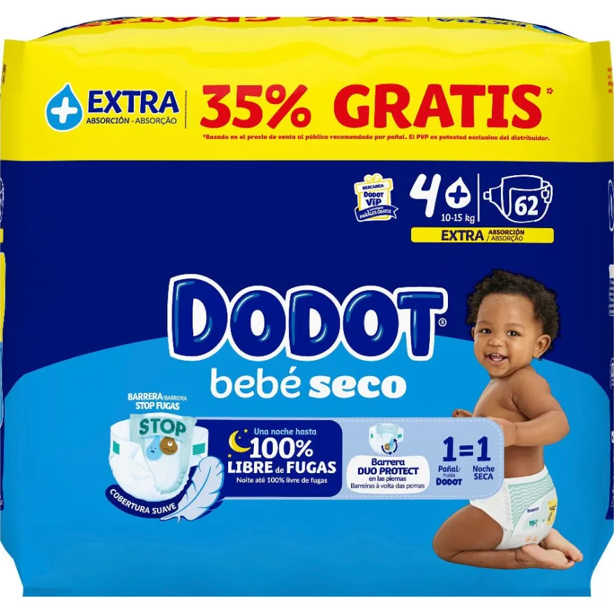 DODOT Bebé Seco Extra Jumbo Pack Talla 4+ (62 uds)