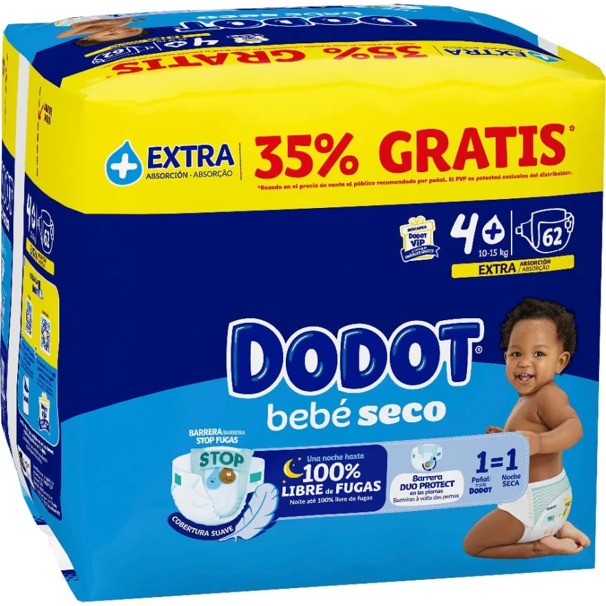 DODOT Bebé Seco Extra Jumbo Pack Talla 4+ (62 uds)