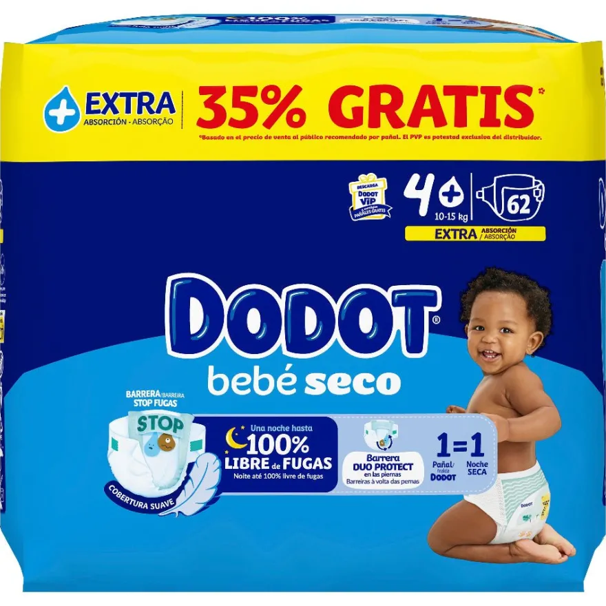 DODOT Bebé Seco Extra Jumbo Pack Talla 4+ (62 uds)
