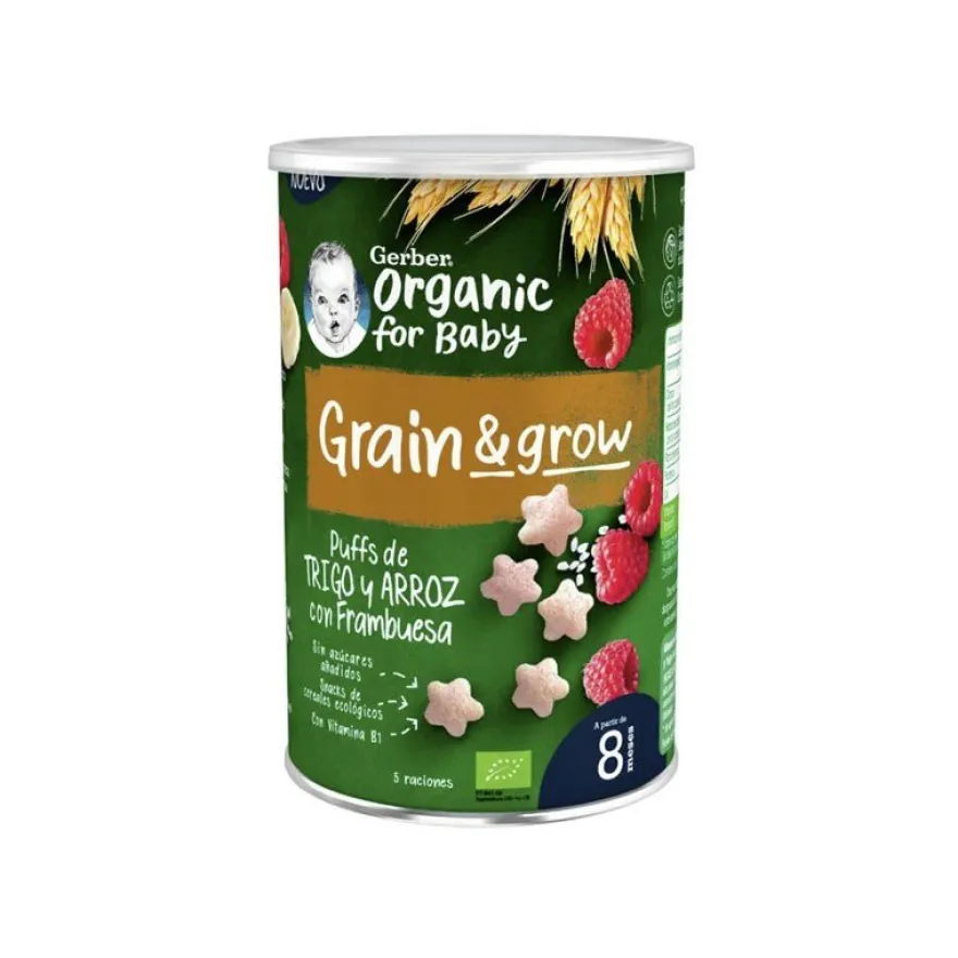 GERBER Puff Snacks Trigo y Arroz con Frambuesa BIO +8 Meses 35g