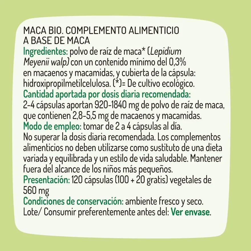 Granero Suplementos Maca Bio 100+20 Cápsulas