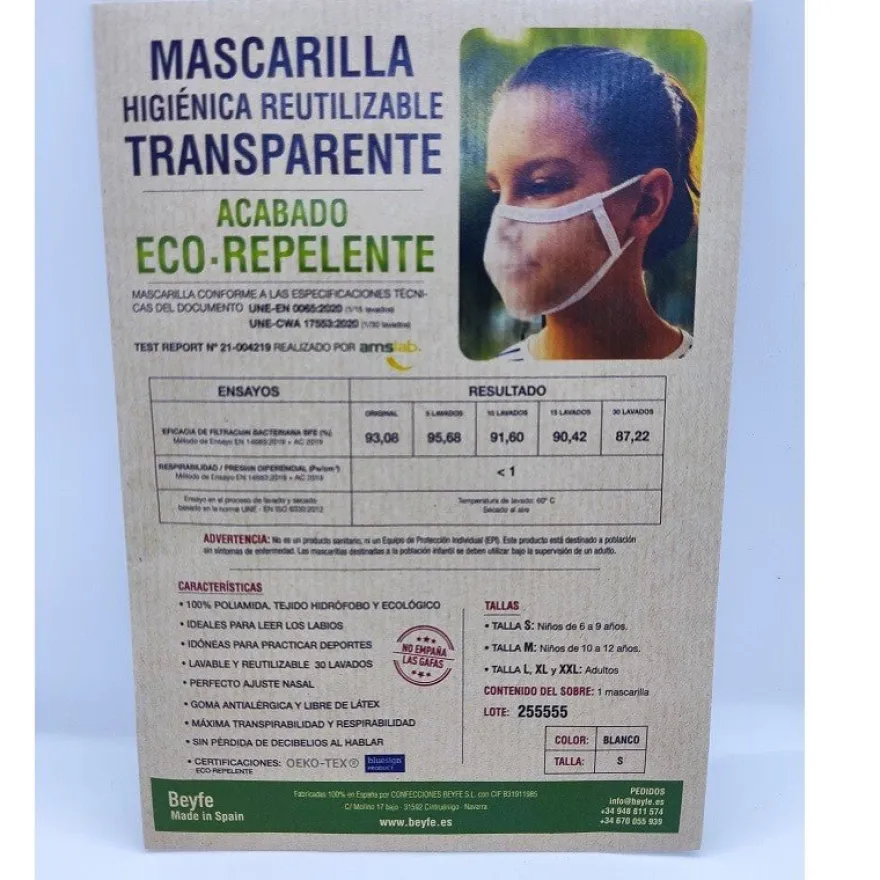 Mascarilla Transparente Certificada Reutilizable Eco-Repelente Color Blanco Talla S - BEYFE