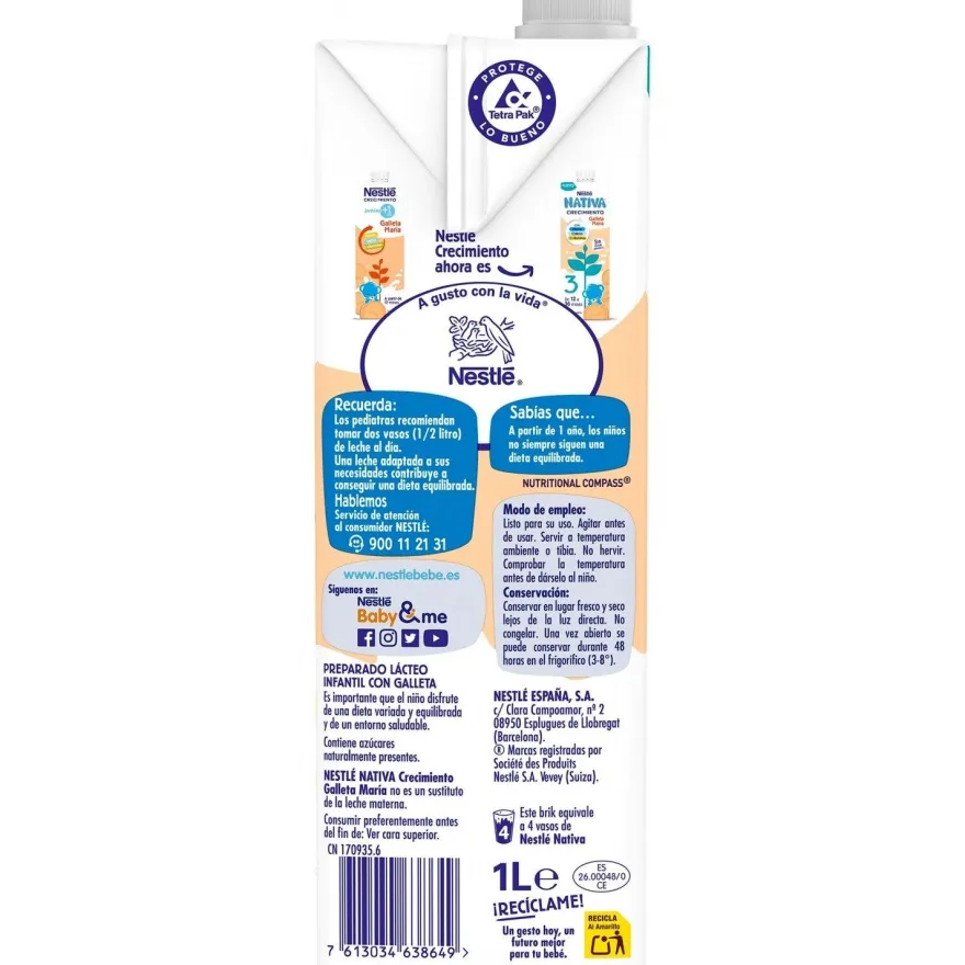 NATIVA 3 Crecimiento Galleta María 1L Nestlé
