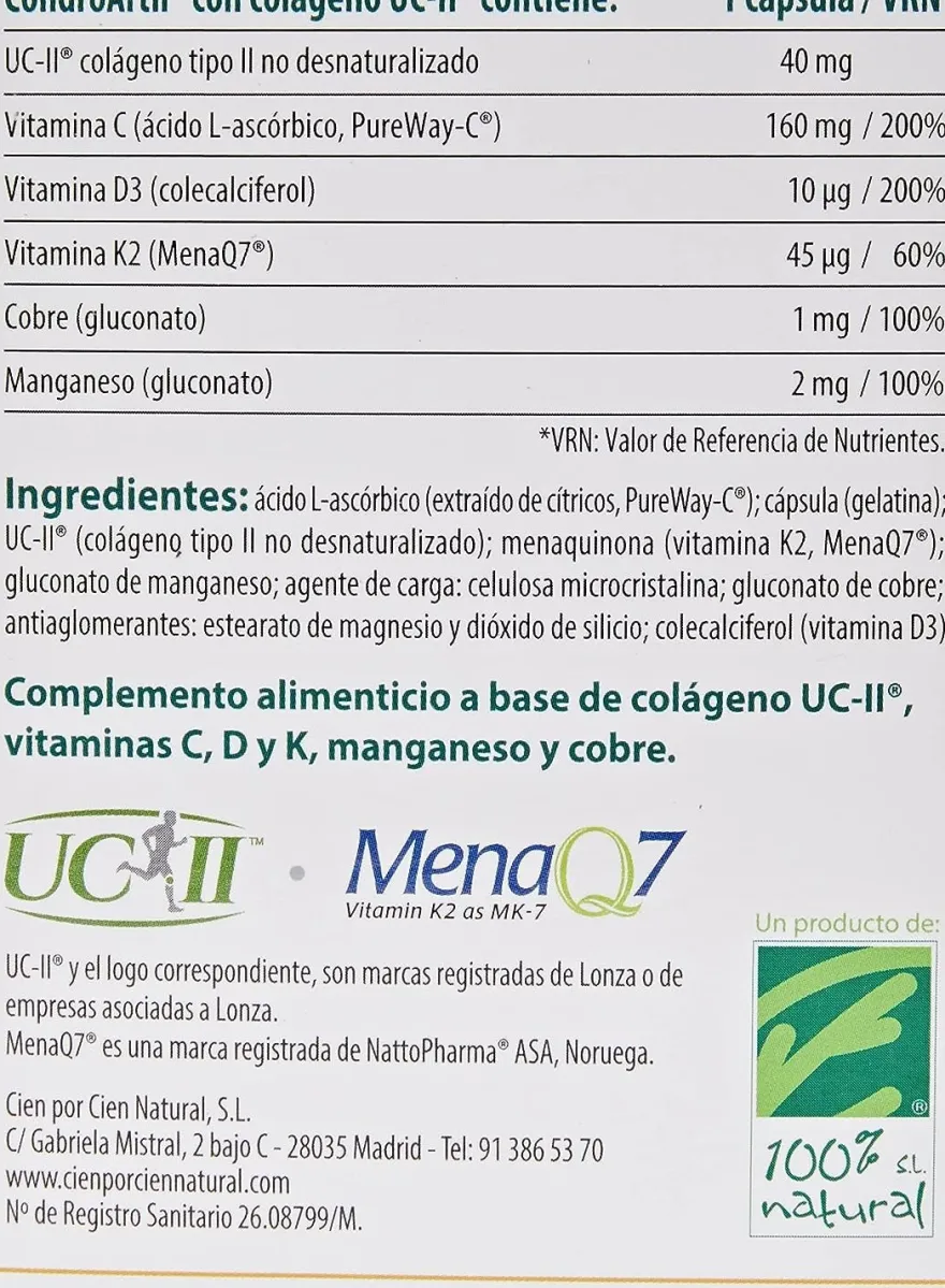 100% Natural Condroartil Con Colágeno Uc-Ii 90 Cápsulas
