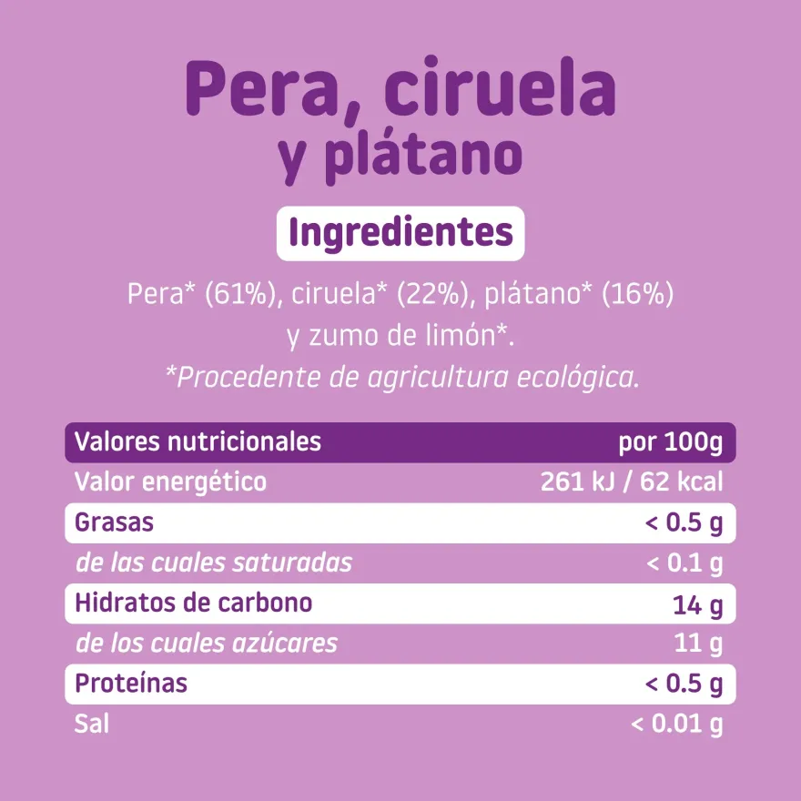 SMILEAT Tarrito Ecológico Pera, Ciruela y Plátano 130g
