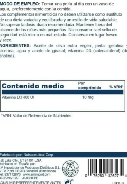 Solaray Vitamina D3 400 Ui 120 Perlas