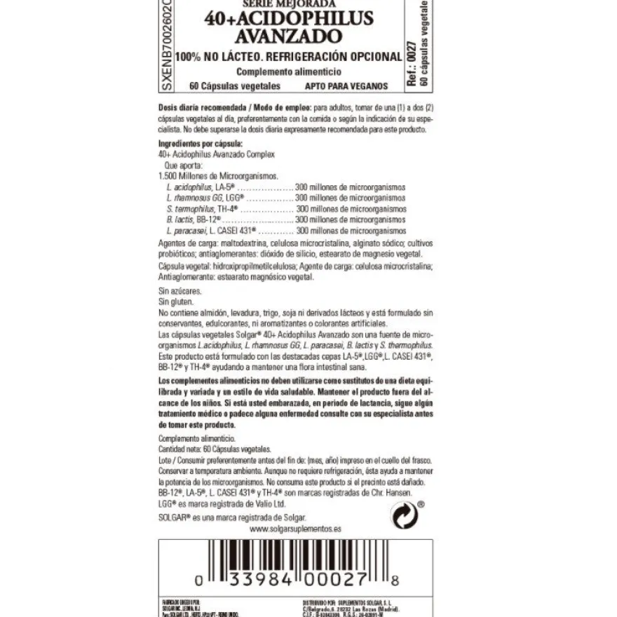 SOLGAR 40+ Acidophilus Avanzado Probiótico 60 Cápsulas Vegetales
