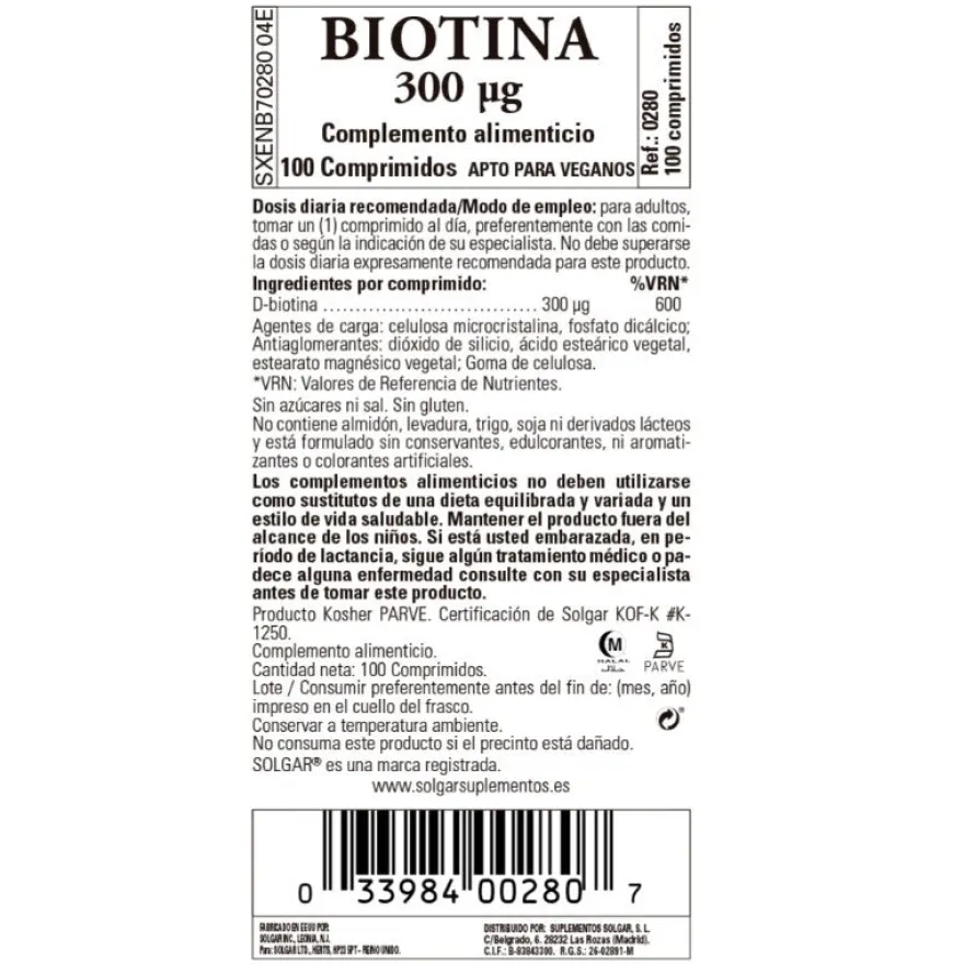 SOLGAR Biotina 300 mcg 100 comprimidos