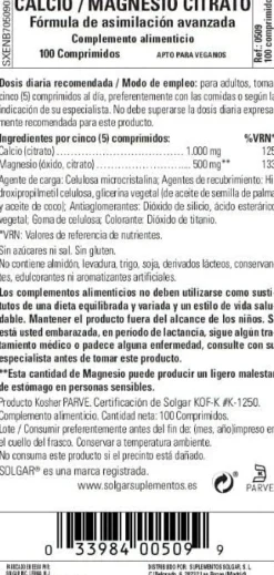Solgar Calcio Magnesio Citrato 100 Comprimidos