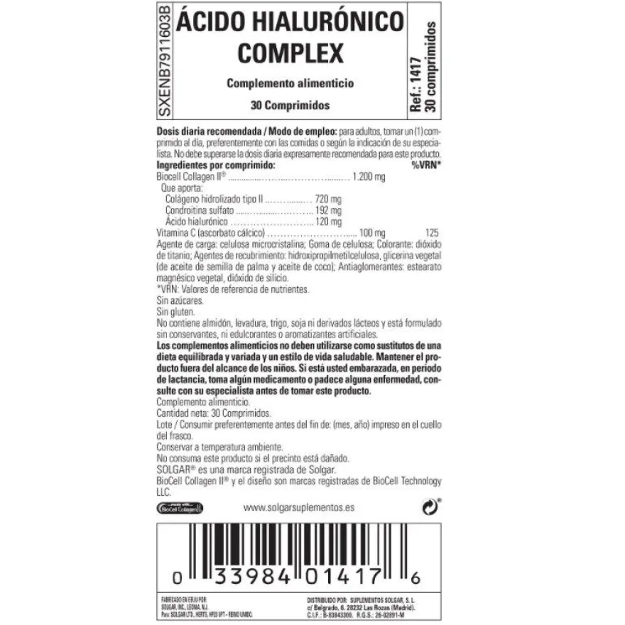SOLGAR Ácido Hialurónico Complex 30 Comprimidos