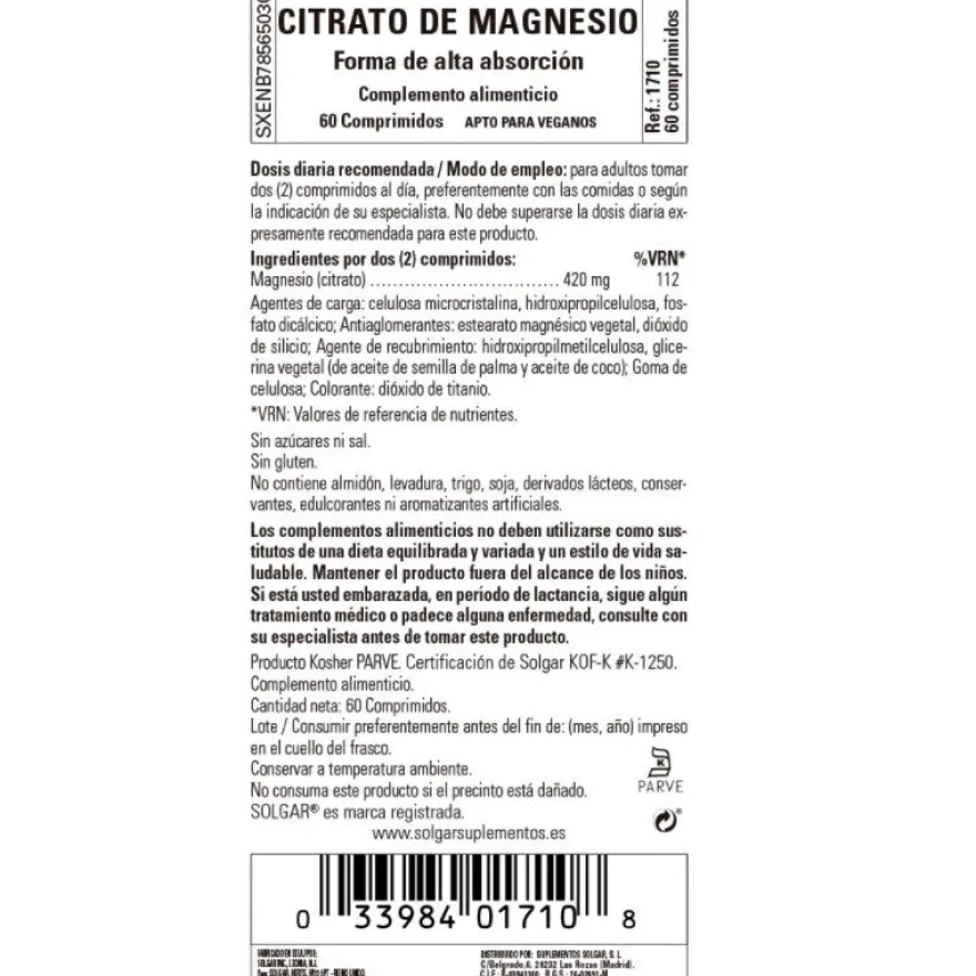 SOLGAR Citrato de Magnesio 60 Comprimidos