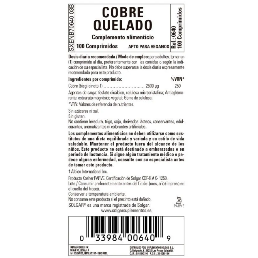 SOLGAR Cobre Quelado 100 Comprimidos