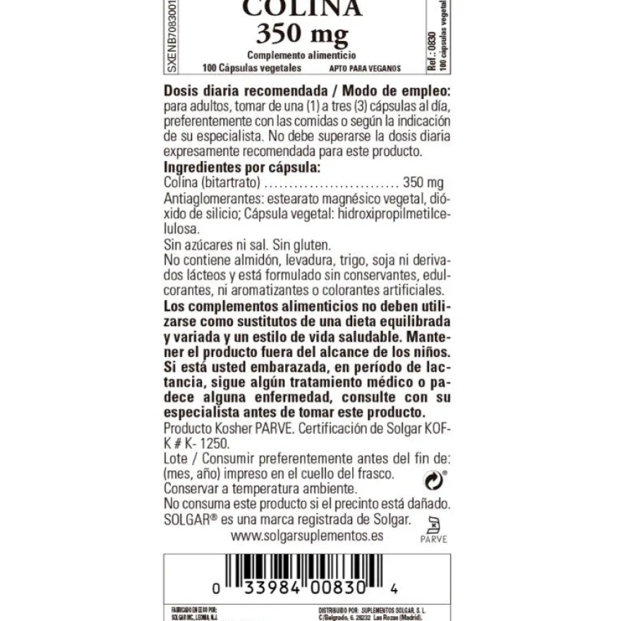 SOLGAR Colina 350mg (100 Cápsulas Vegetales)