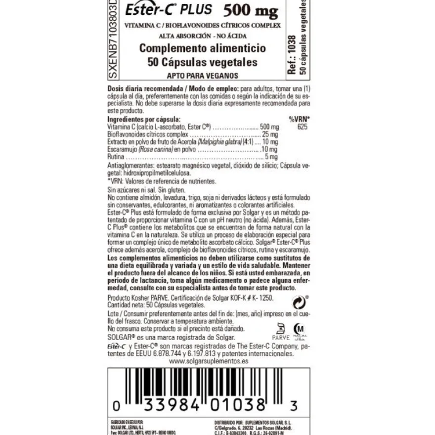 SOLGAR Ester-C Plus 500mg Vitamina C 50 Cápsulas Vegetales