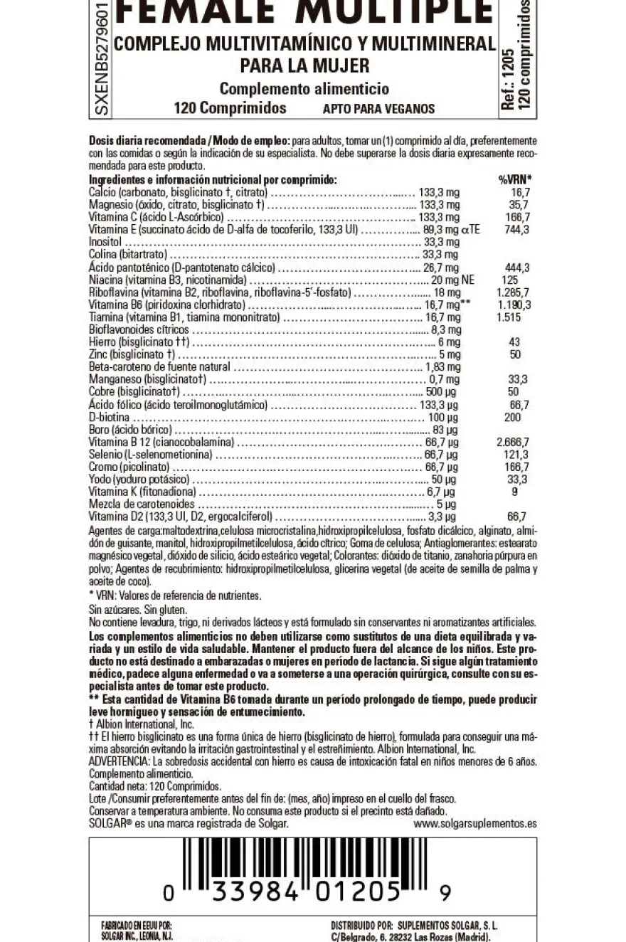 SOLGAR Female Multiple Complemento para la Mujer 120 Comprimidos