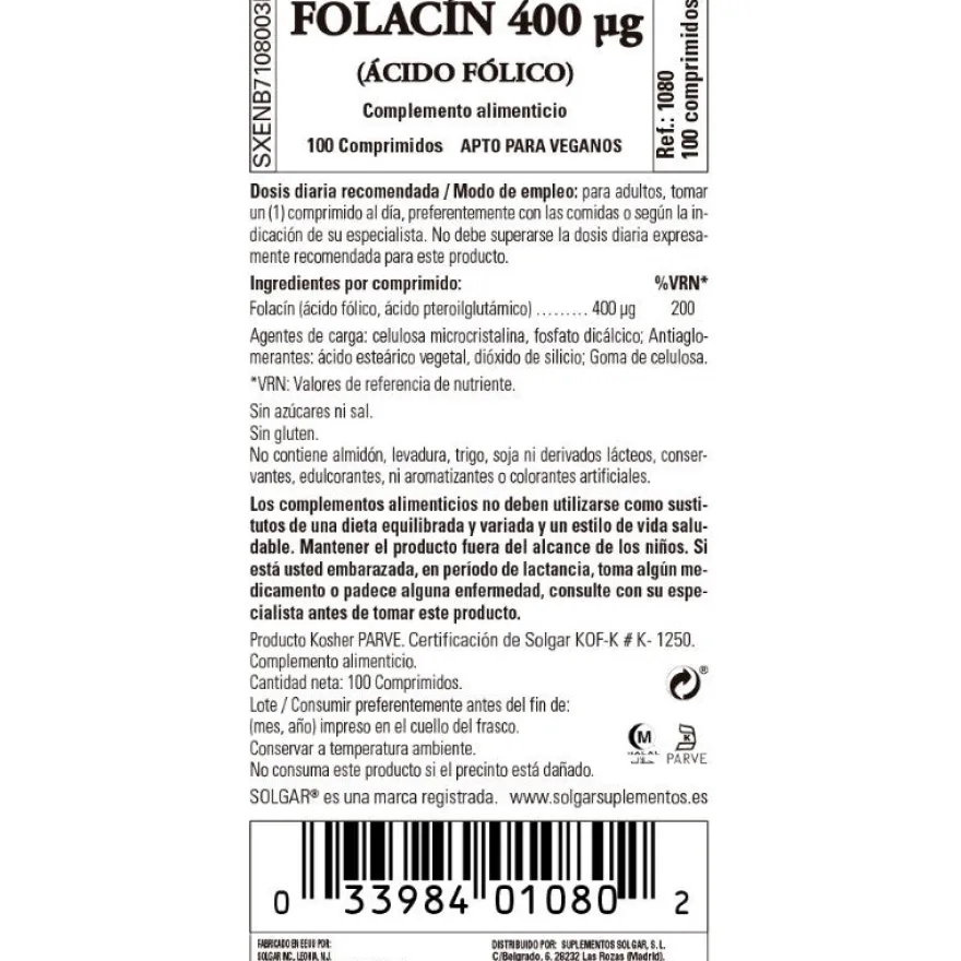 SOLGAR Folacín Ácido Fólico 100 comprimidos de 400mg