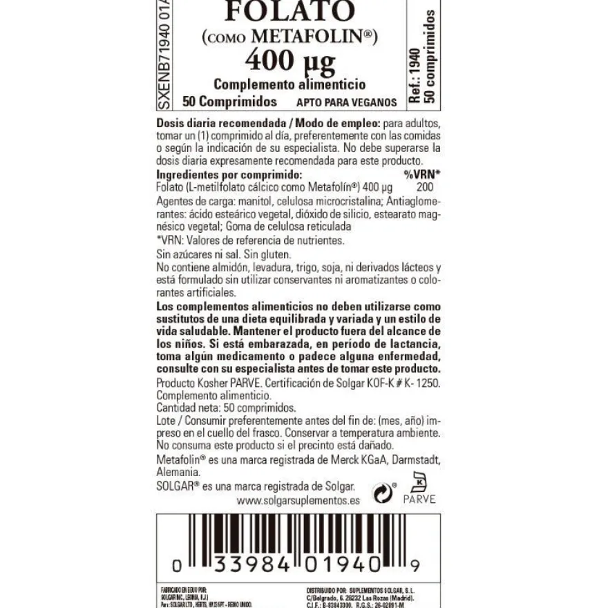 SOLGAR Folato (como Metafolin) 400mcg 50 comprimidos