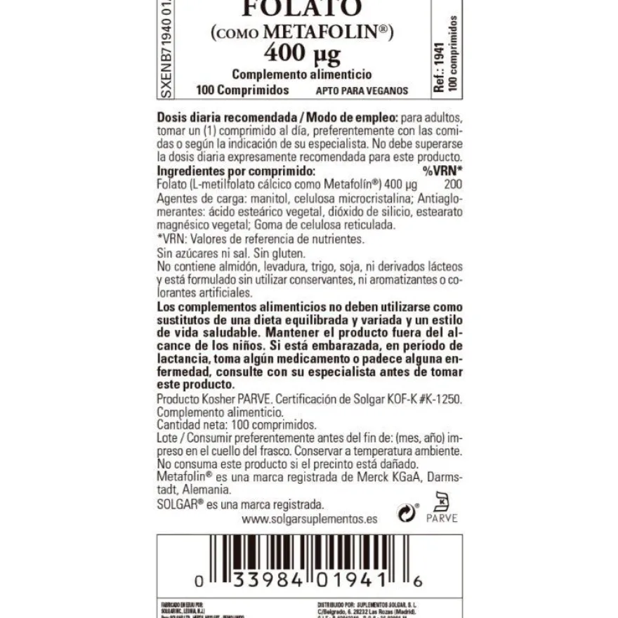 SOLGAR Folato Metafolin 400mcg (100 comprimidos)