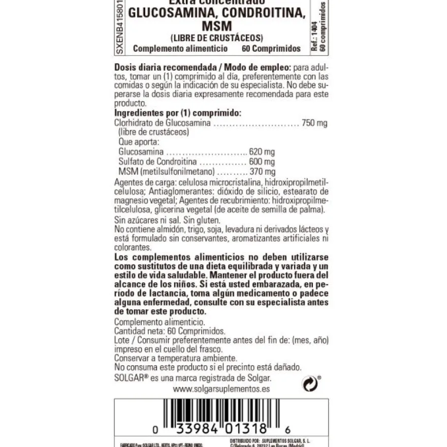 SOLGAR Glucosamina Condroitina MSM Concentrado 60 Comprimidos