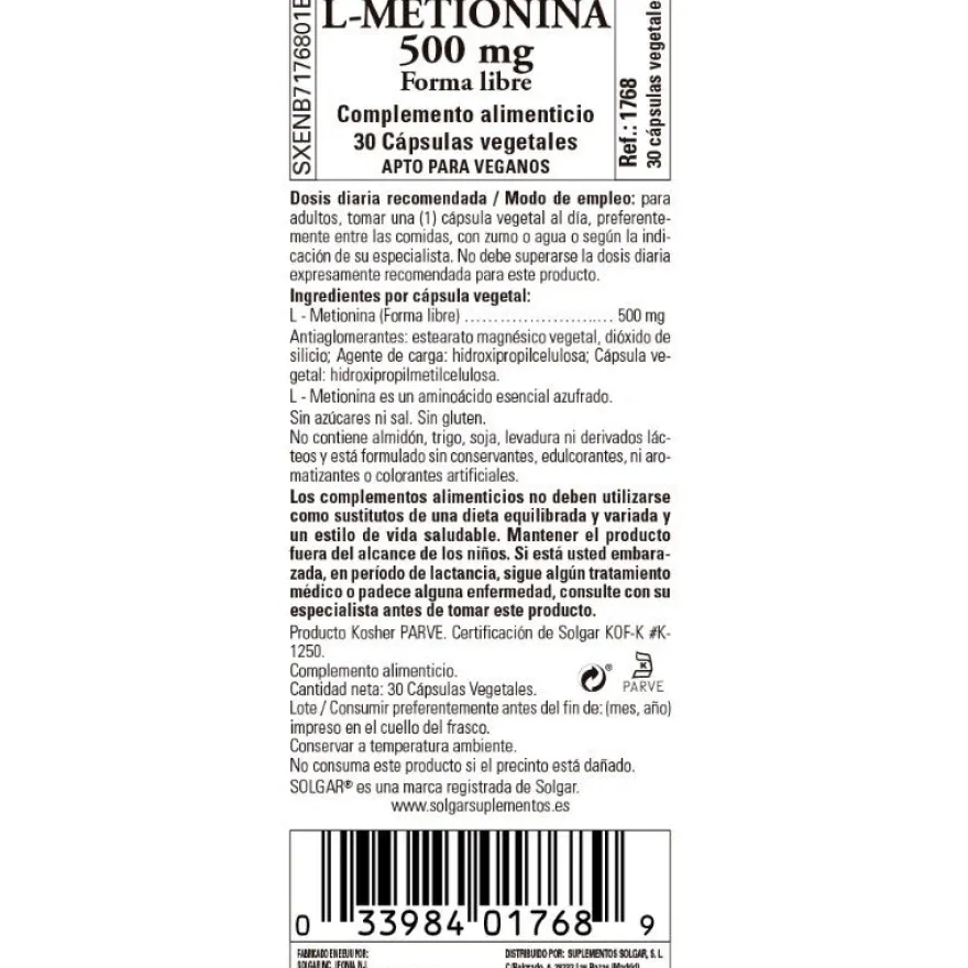 SOLGAR L-Metionina 500mg (30 Cápsulas Vegetales)