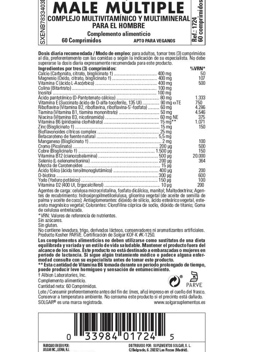 SOLGAR Male Múltiple Complejo Vitamínico Hombre 120 Comprimidos