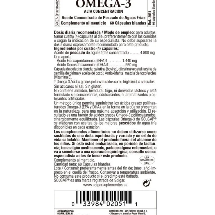 SOLGAR Omega-3 Alta Concentración 60 Cápsulas Blandas