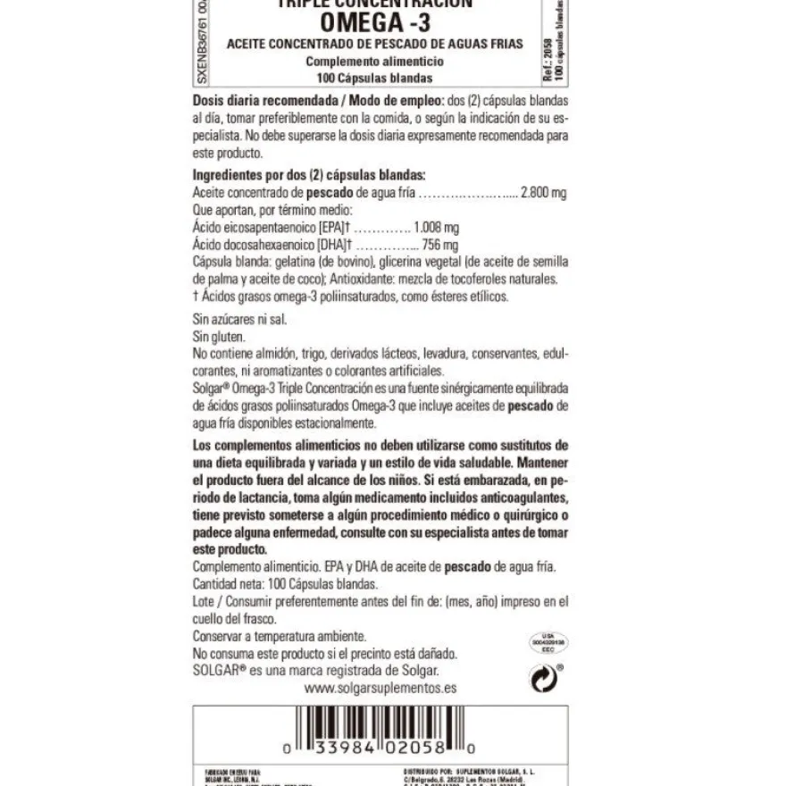 SOLGAR Omega-3 Triple Concentración 100 Cápsulas Blandas