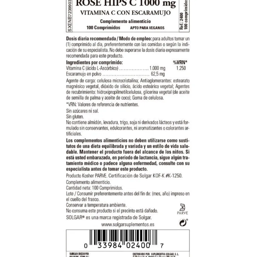 SOLGAR Rose Hips C 1000mg Vitamina C con Escaramujo (100 Comprimidos)