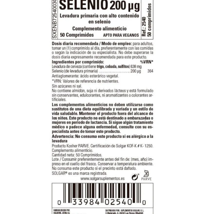 SOLGAR Selenio en Levadura 200mcg 50 Comprimidos