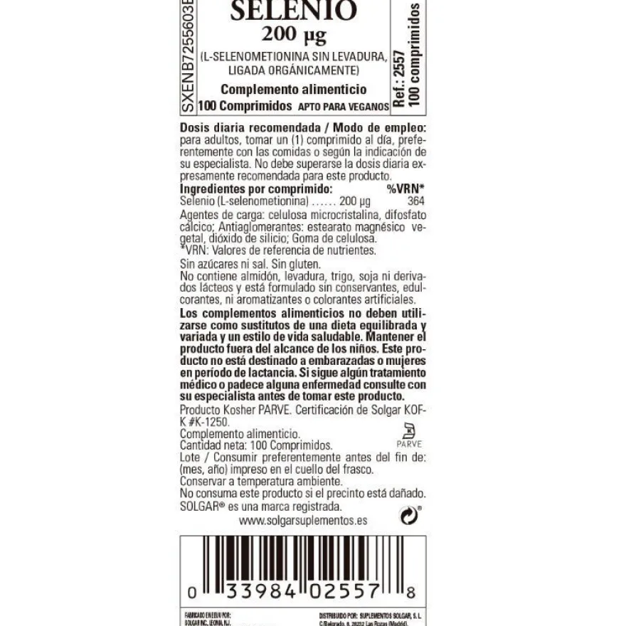 SOLGAR Selenio 200mcg (Sin Levadura) 100 comprimidos