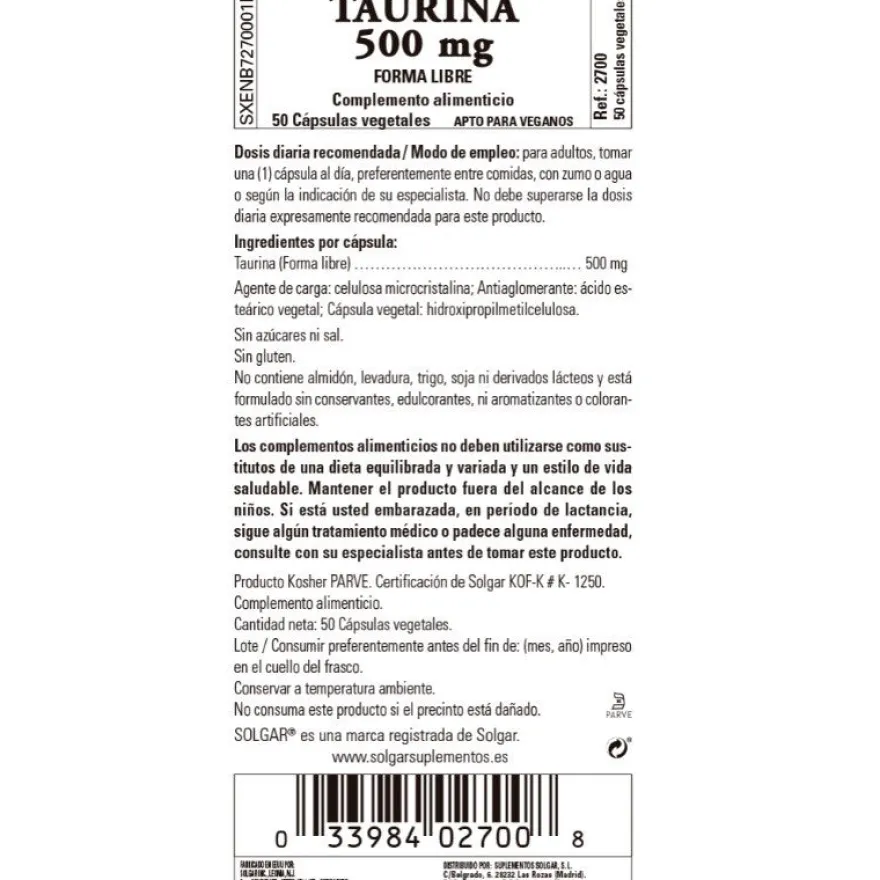 SOLGAR Taurina 500mg (50 Cápsulas vegetales)