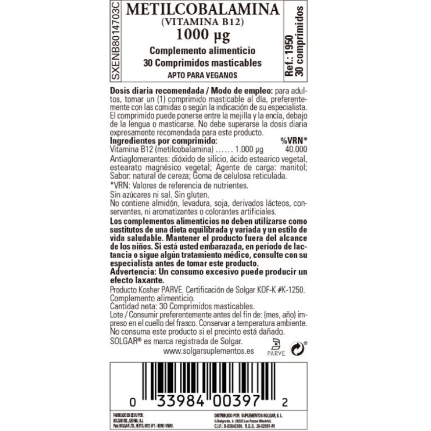 SOLGAR Vitamina B12 Metilcobalamina 30 comprimidos masticables