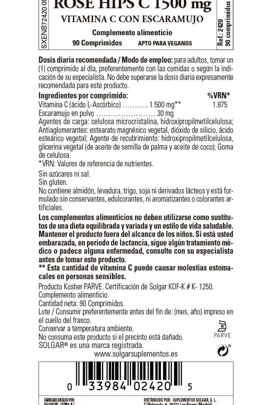 SOLGAR Vitamina C con Rose Hips (Escaramujo) 1500mg (90 Comprimidos)