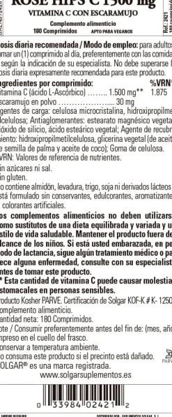 SOLGAR Vitamina C con Rose Hips (Escaramujo) 1500mg (180 Comprimidos)