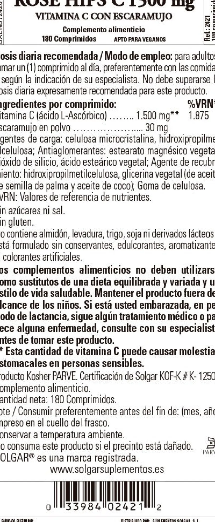 SOLGAR Vitamina C con Rose Hips (Escaramujo) 1500mg (180 Comprimidos)