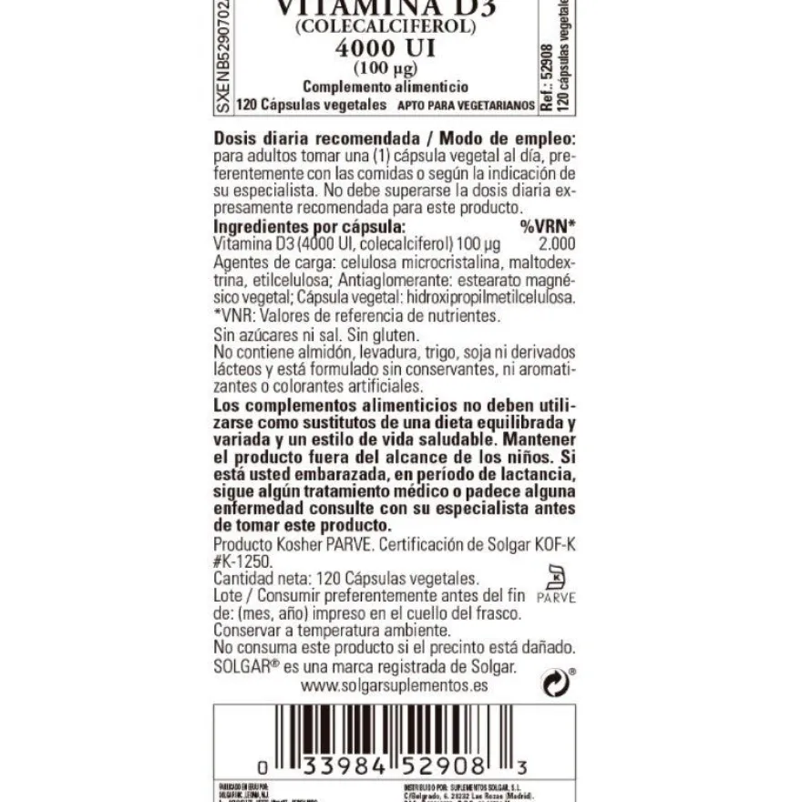 SOLGAR Vitamina D3 4000iu 120 Cápsulas Vegetales