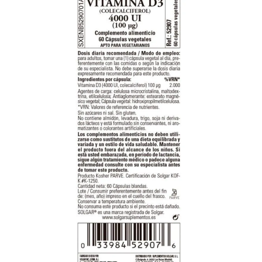 SOLGAR Vitamina D3 4000iu 60 Cápsulas Vegetales