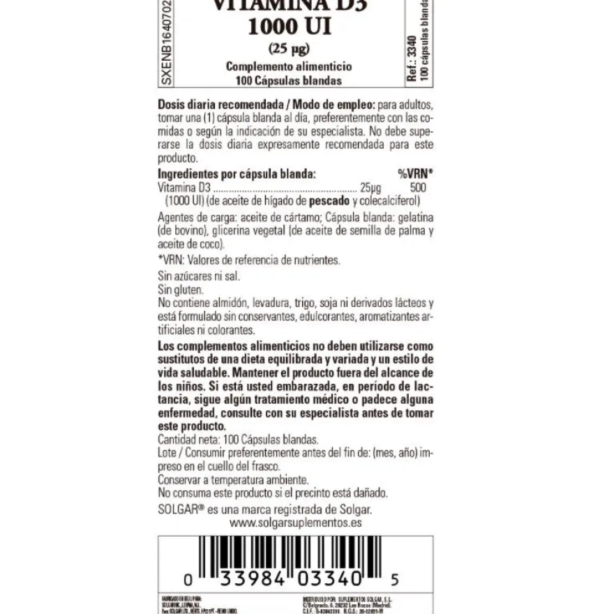 SOLGAR Vitamina D3 1000iu (25µg) 100 Cápsulas Blandas