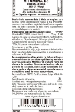 SOLGAR Vitamina D3 2200Ui (55Mcg) (Colecalciferol) 100 Cápsulas Vegetales