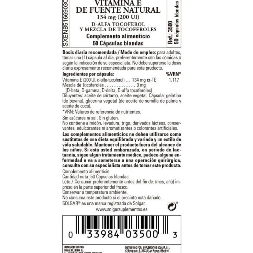 SOLGAR Vitamina E 200 UI (134mg) 50 cápsulas blandas