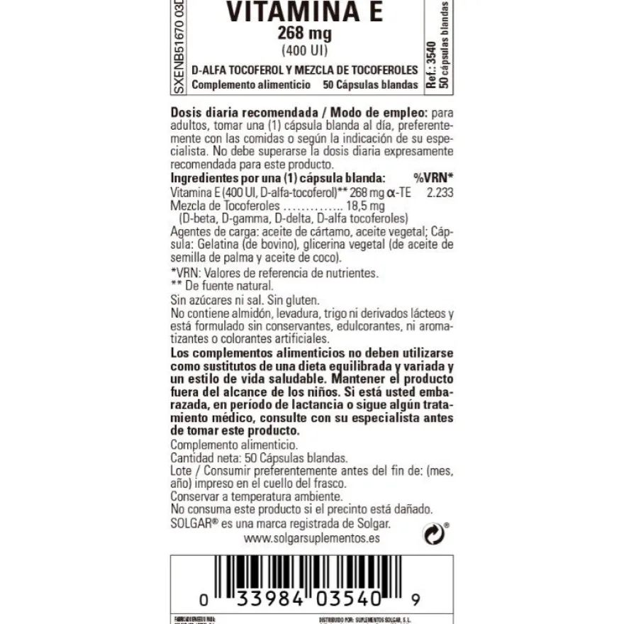 SOLGAR Vitamina E 400 UI (268 mg) 50 cápsulas blandas