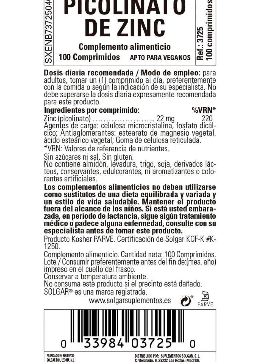 SOLGAR Zinc Picolinato 22mg 100 comprimidos